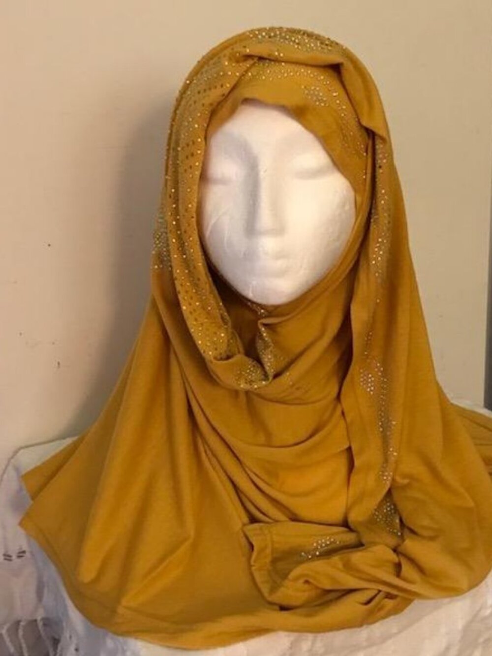 Mustard Yellow Rhinestone Oblong Scarf Scarves Princess Crown Hijab 29x70 Shawl